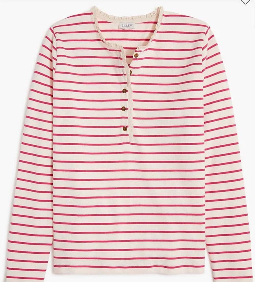 J Crew Pink and White Stripes Ruffle Collar Henley - XS